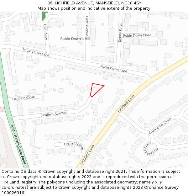 36, LICHFIELD AVENUE, MANSFIELD, NG18 4SY: Location map and indicative extent of plot