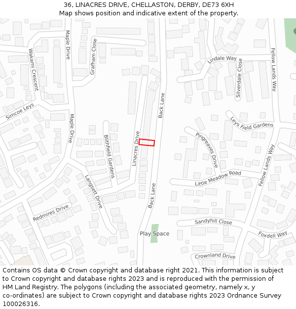 36, LINACRES DRIVE, CHELLASTON, DERBY, DE73 6XH: Location map and indicative extent of plot