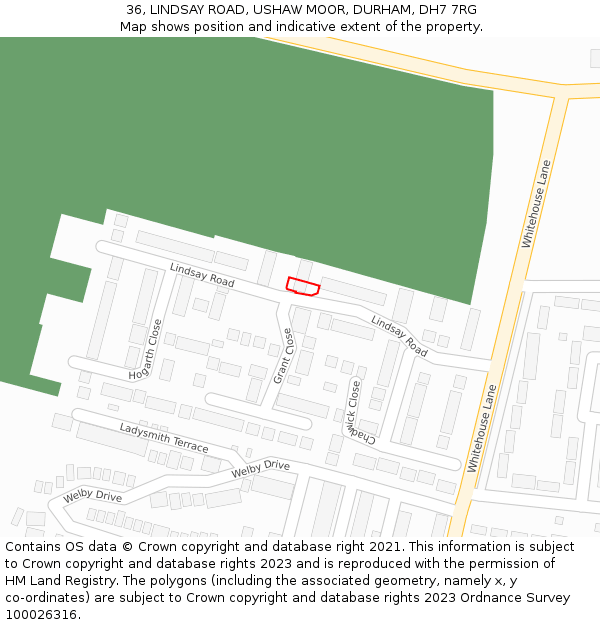 36, LINDSAY ROAD, USHAW MOOR, DURHAM, DH7 7RG: Location map and indicative extent of plot