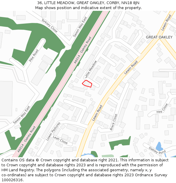 36, LITTLE MEADOW, GREAT OAKLEY, CORBY, NN18 8JN: Location map and indicative extent of plot