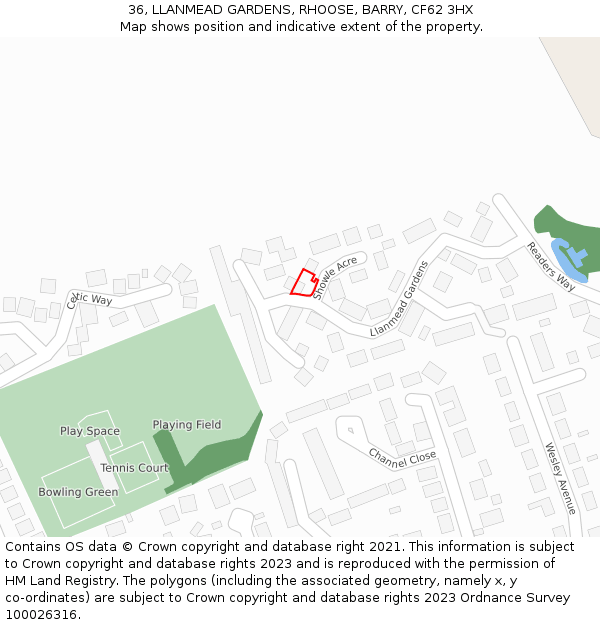 36, LLANMEAD GARDENS, RHOOSE, BARRY, CF62 3HX: Location map and indicative extent of plot