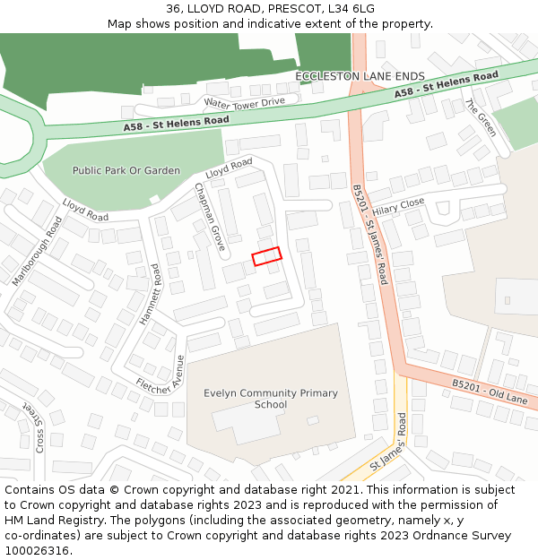 36, LLOYD ROAD, PRESCOT, L34 6LG: Location map and indicative extent of plot