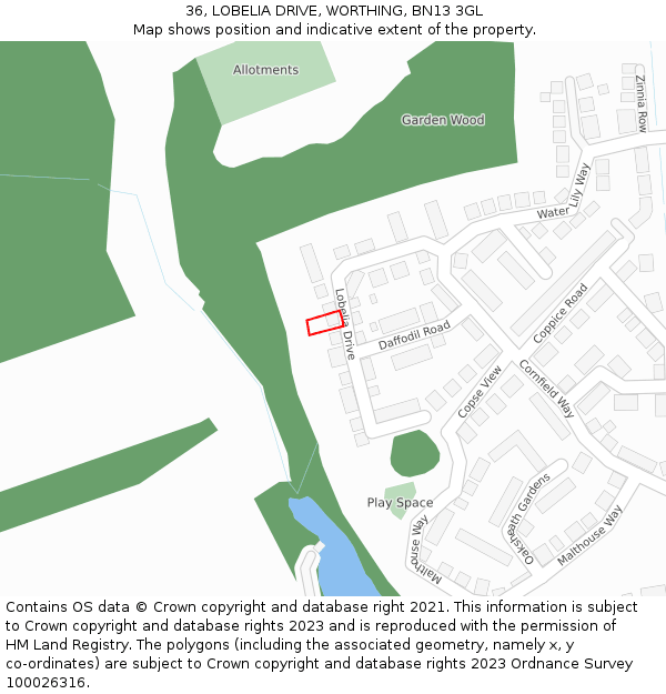 36, LOBELIA DRIVE, WORTHING, BN13 3GL: Location map and indicative extent of plot