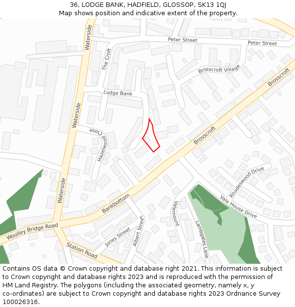 36, LODGE BANK, HADFIELD, GLOSSOP, SK13 1QJ: Location map and indicative extent of plot