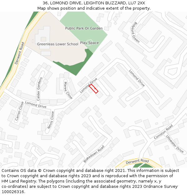36, LOMOND DRIVE, LEIGHTON BUZZARD, LU7 2XX: Location map and indicative extent of plot