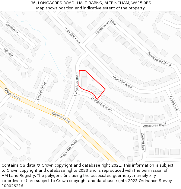 36, LONGACRES ROAD, HALE BARNS, ALTRINCHAM, WA15 0RS: Location map and indicative extent of plot