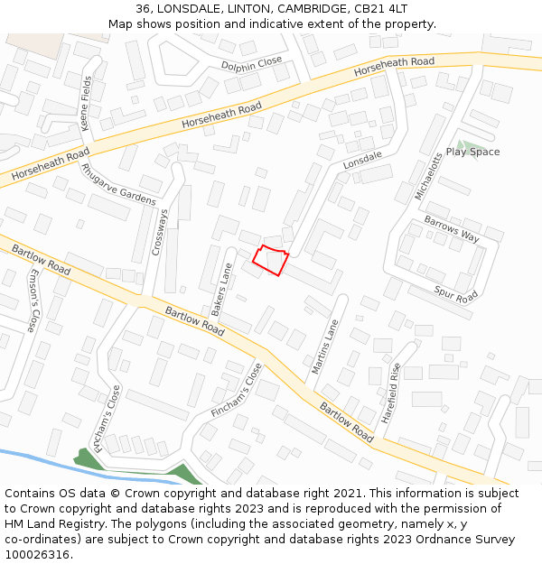 36, LONSDALE, LINTON, CAMBRIDGE, CB21 4LT: Location map and indicative extent of plot