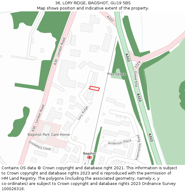 36, LORY RIDGE, BAGSHOT, GU19 5BS: Location map and indicative extent of plot