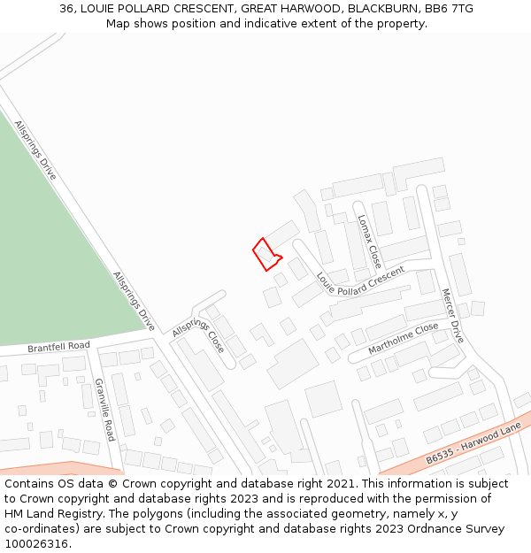 36, LOUIE POLLARD CRESCENT, GREAT HARWOOD, BLACKBURN, BB6 7TG: Location map and indicative extent of plot