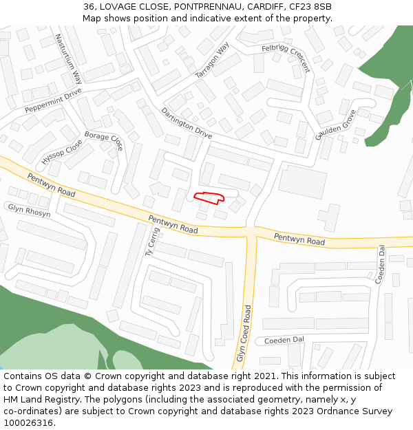 36, LOVAGE CLOSE, PONTPRENNAU, CARDIFF, CF23 8SB: Location map and indicative extent of plot