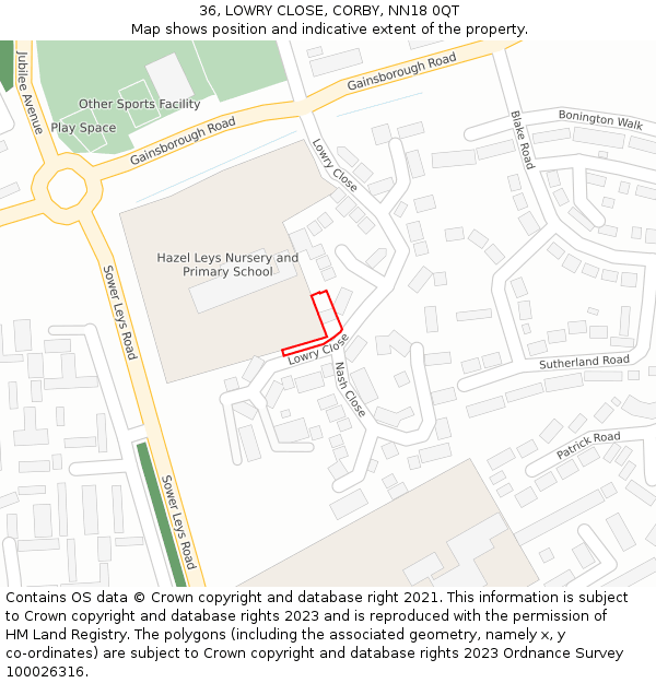 36, LOWRY CLOSE, CORBY, NN18 0QT: Location map and indicative extent of plot