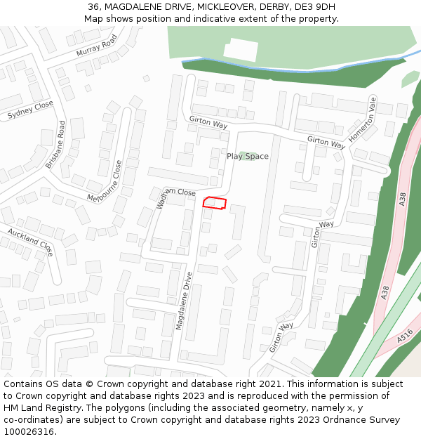 36, MAGDALENE DRIVE, MICKLEOVER, DERBY, DE3 9DH: Location map and indicative extent of plot