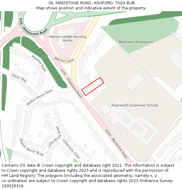 36, MAIDSTONE ROAD, ASHFORD, TN24 8UB: Location map and indicative extent of plot