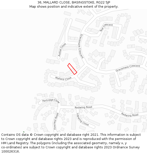36, MALLARD CLOSE, BASINGSTOKE, RG22 5JP: Location map and indicative extent of plot