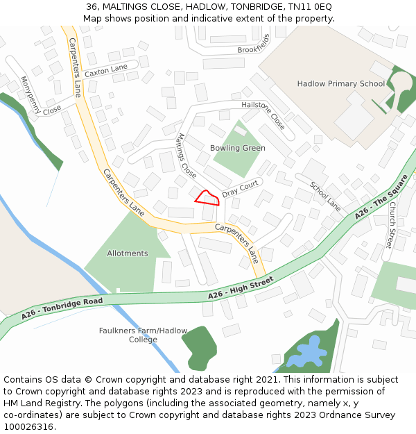 36, MALTINGS CLOSE, HADLOW, TONBRIDGE, TN11 0EQ: Location map and indicative extent of plot
