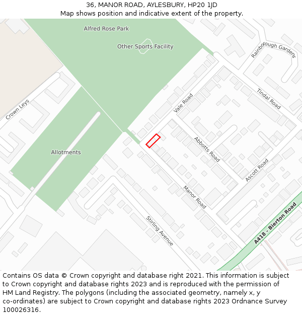 36, MANOR ROAD, AYLESBURY, HP20 1JD: Location map and indicative extent of plot