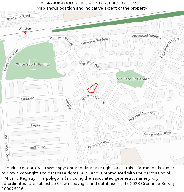 36, MANORWOOD DRIVE, WHISTON, PRESCOT, L35 3UH: Location map and indicative extent of plot