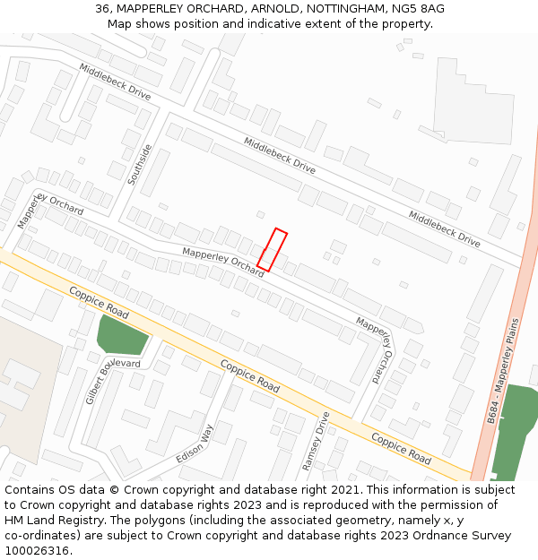 36, MAPPERLEY ORCHARD, ARNOLD, NOTTINGHAM, NG5 8AG: Location map and indicative extent of plot