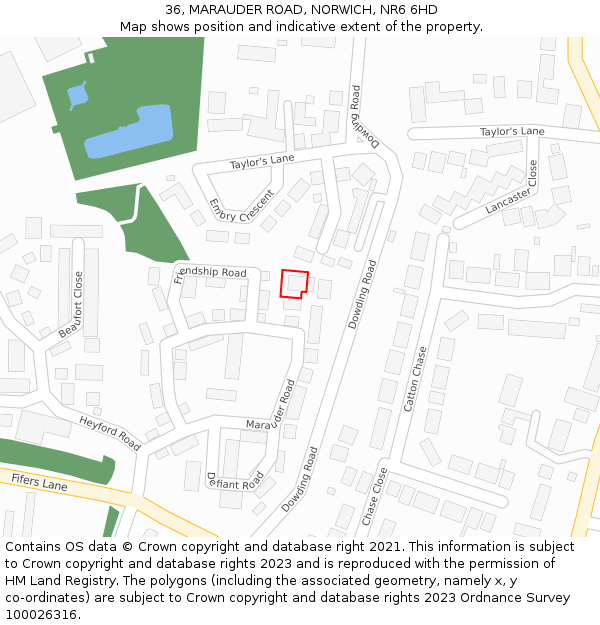 36, MARAUDER ROAD, NORWICH, NR6 6HD: Location map and indicative extent of plot