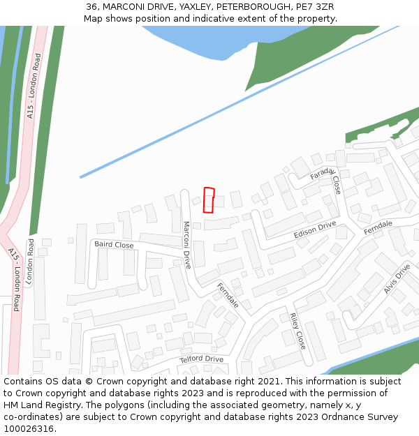 36, MARCONI DRIVE, YAXLEY, PETERBOROUGH, PE7 3ZR: Location map and indicative extent of plot