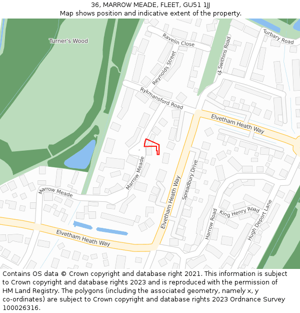 36, MARROW MEADE, FLEET, GU51 1JJ: Location map and indicative extent of plot