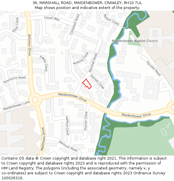 36, MARSHALL ROAD, MAIDENBOWER, CRAWLEY, RH10 7UL: Location map and indicative extent of plot