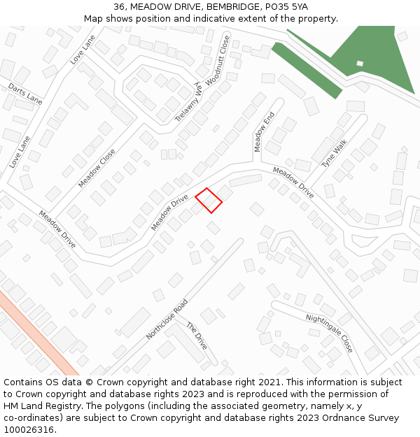 36, MEADOW DRIVE, BEMBRIDGE, PO35 5YA: Location map and indicative extent of plot