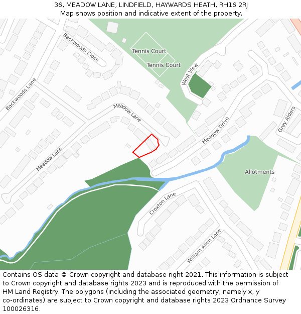 36, MEADOW LANE, LINDFIELD, HAYWARDS HEATH, RH16 2RJ: Location map and indicative extent of plot