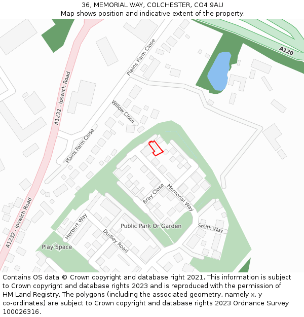 36, MEMORIAL WAY, COLCHESTER, CO4 9AU: Location map and indicative extent of plot