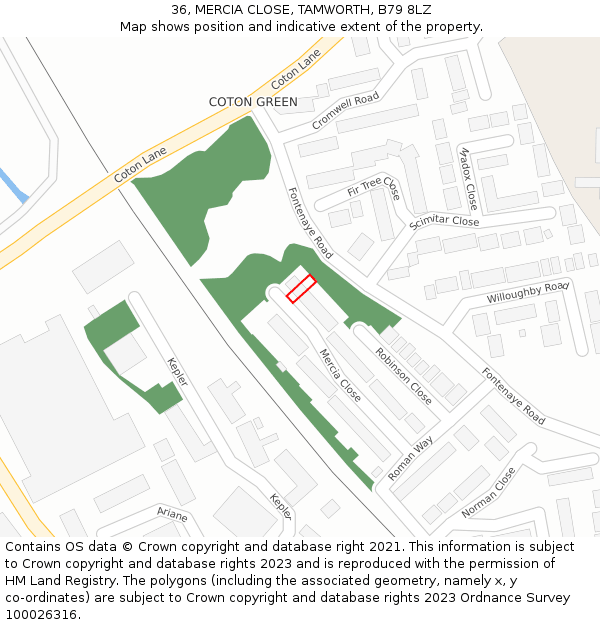 36, MERCIA CLOSE, TAMWORTH, B79 8LZ: Location map and indicative extent of plot