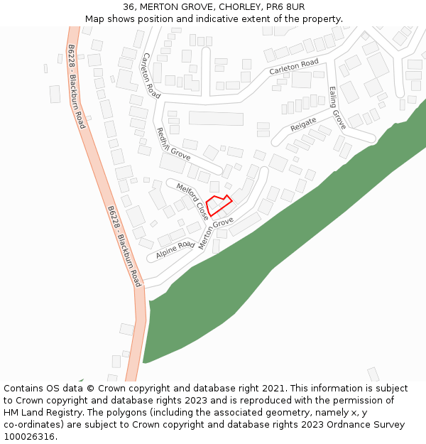 36, MERTON GROVE, CHORLEY, PR6 8UR: Location map and indicative extent of plot