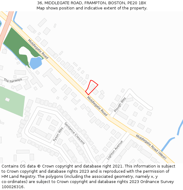 36, MIDDLEGATE ROAD, FRAMPTON, BOSTON, PE20 1BX: Location map and indicative extent of plot