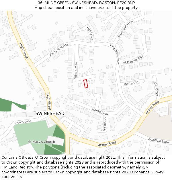 36, MILNE GREEN, SWINESHEAD, BOSTON, PE20 3NP: Location map and indicative extent of plot