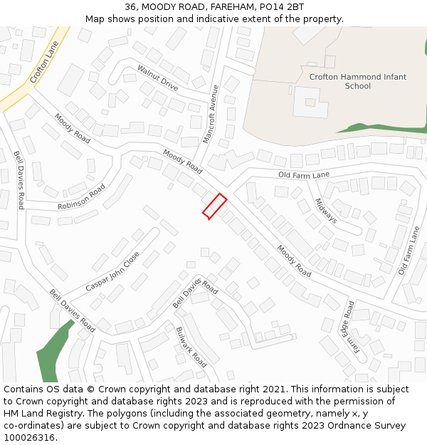 36, MOODY ROAD, FAREHAM, PO14 2BT: Location map and indicative extent of plot