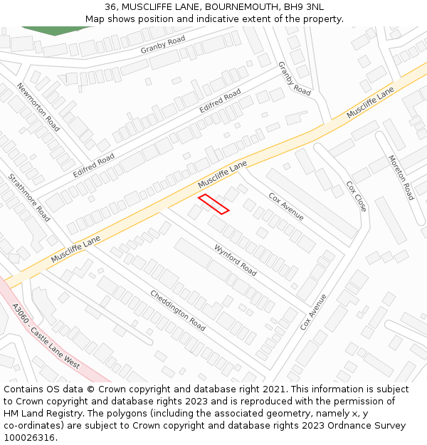 36, MUSCLIFFE LANE, BOURNEMOUTH, BH9 3NL: Location map and indicative extent of plot