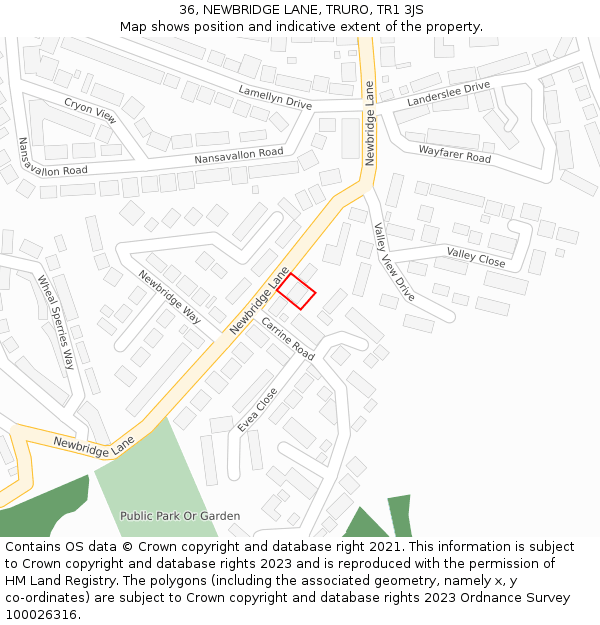 36, NEWBRIDGE LANE, TRURO, TR1 3JS: Location map and indicative extent of plot