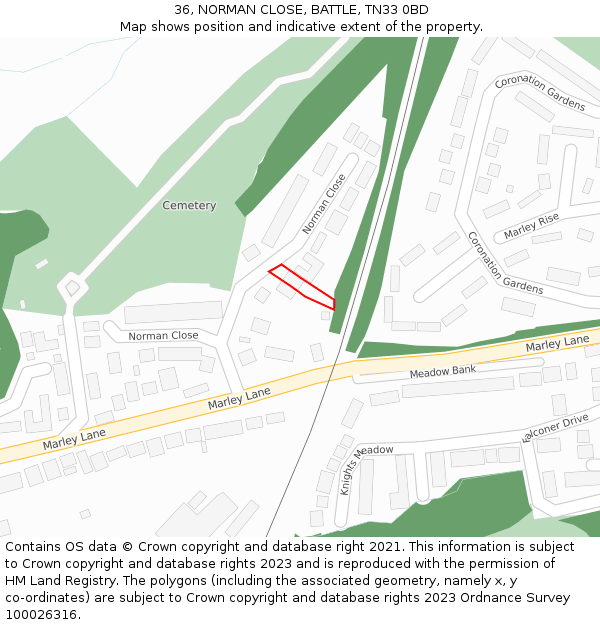 36, NORMAN CLOSE, BATTLE, TN33 0BD: Location map and indicative extent of plot