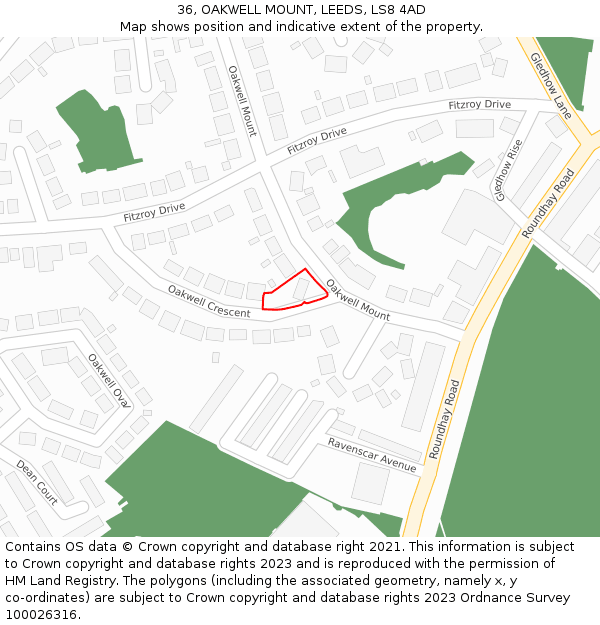36, OAKWELL MOUNT, LEEDS, LS8 4AD: Location map and indicative extent of plot