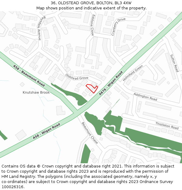 36, OLDSTEAD GROVE, BOLTON, BL3 4XW: Location map and indicative extent of plot