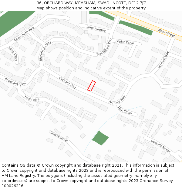 36, ORCHARD WAY, MEASHAM, SWADLINCOTE, DE12 7JZ: Location map and indicative extent of plot