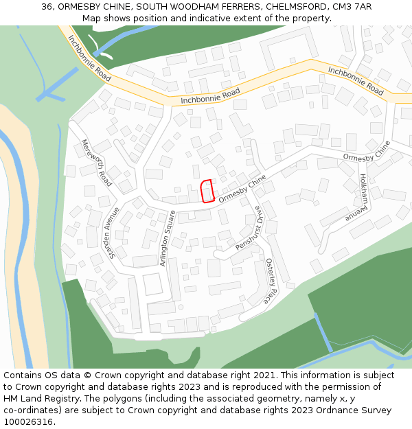 36, ORMESBY CHINE, SOUTH WOODHAM FERRERS, CHELMSFORD, CM3 7AR: Location map and indicative extent of plot