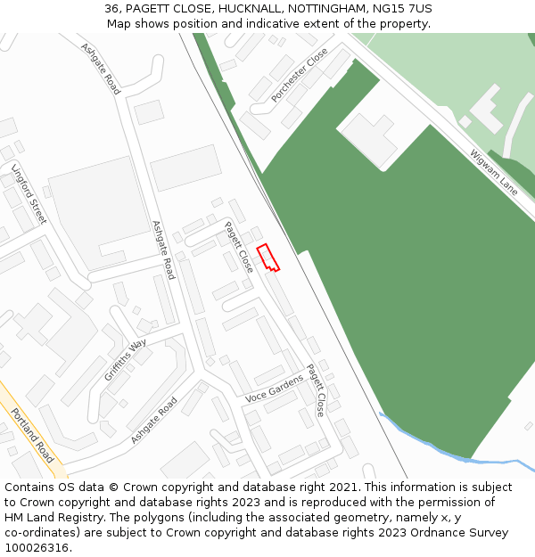 36, PAGETT CLOSE, HUCKNALL, NOTTINGHAM, NG15 7US: Location map and indicative extent of plot