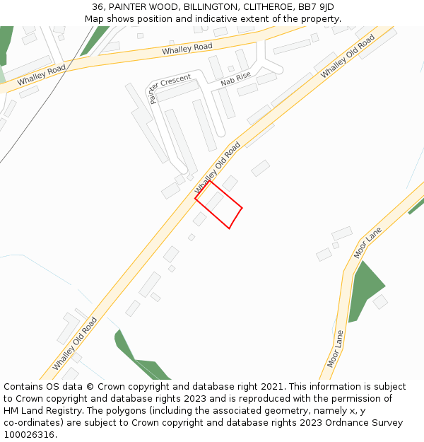 36, PAINTER WOOD, BILLINGTON, CLITHEROE, BB7 9JD: Location map and indicative extent of plot
