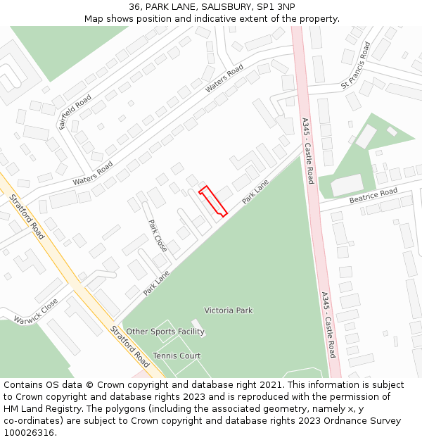 36, PARK LANE, SALISBURY, SP1 3NP: Location map and indicative extent of plot