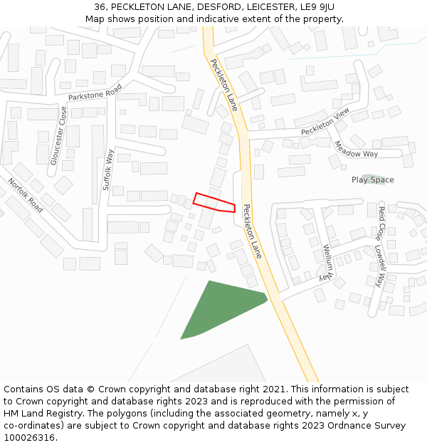 36, PECKLETON LANE, DESFORD, LEICESTER, LE9 9JU: Location map and indicative extent of plot