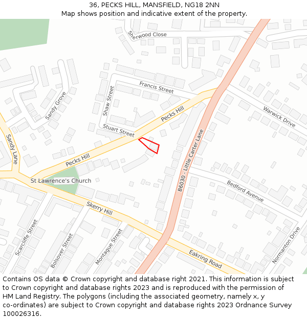 36, PECKS HILL, MANSFIELD, NG18 2NN: Location map and indicative extent of plot