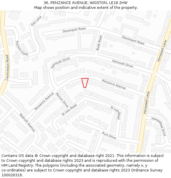 36, PENZANCE AVENUE, WIGSTON, LE18 2HW: Location map and indicative extent of plot