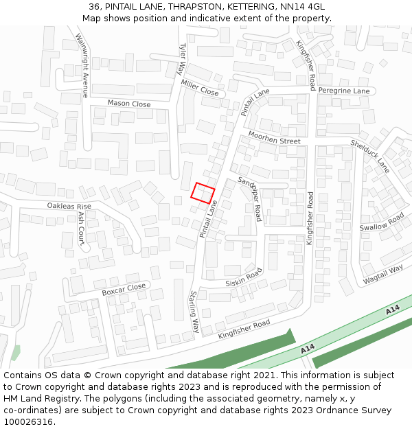 36, PINTAIL LANE, THRAPSTON, KETTERING, NN14 4GL: Location map and indicative extent of plot