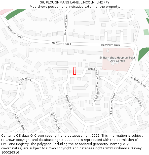 36, PLOUGHMANS LANE, LINCOLN, LN2 4FY: Location map and indicative extent of plot