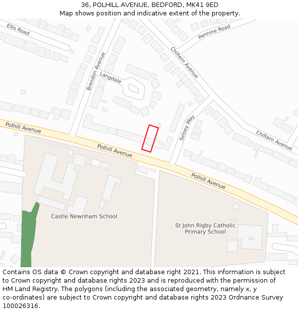 36, POLHILL AVENUE, BEDFORD, MK41 9ED: Location map and indicative extent of plot